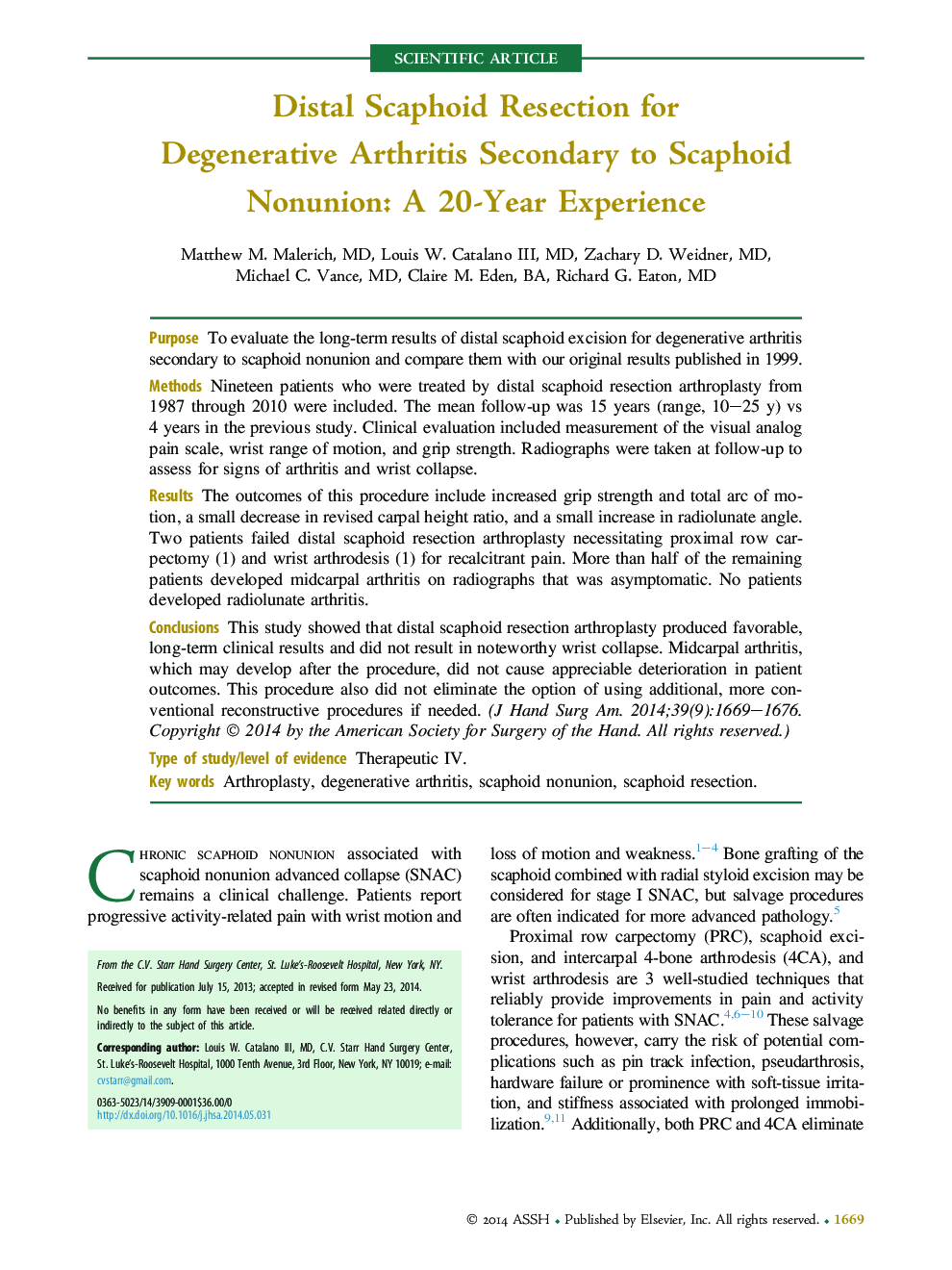 Distal Scaphoid Resection for Degenerative Arthritis Secondary to Scaphoid Nonunion: A 20-Year Experience 