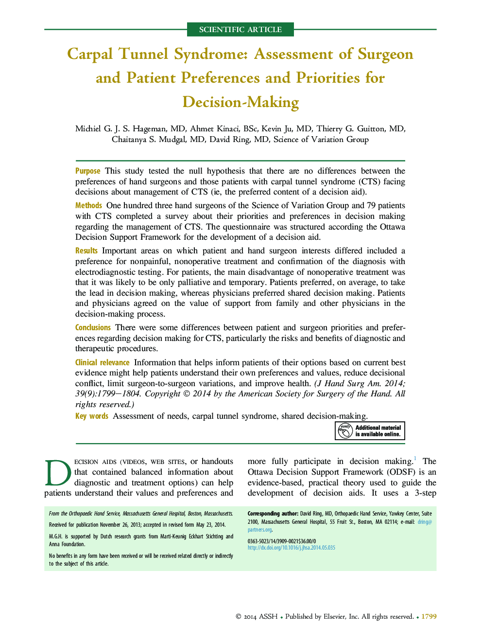 Carpal Tunnel Syndrome: Assessment of Surgeon and Patient Preferences and Priorities for Decision-Making