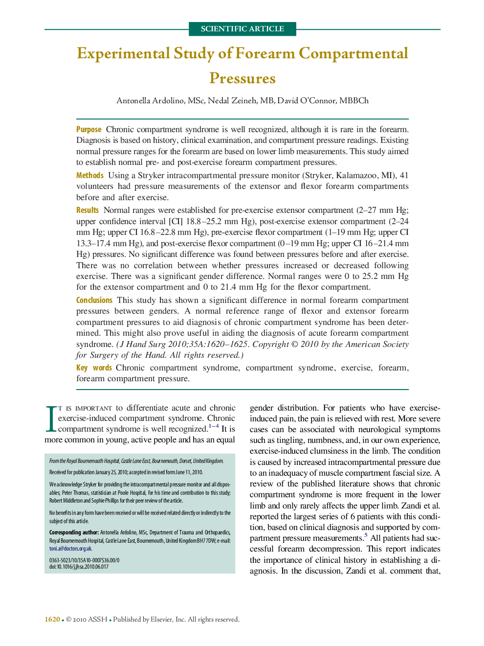 Experimental Study of Forearm Compartmental Pressures