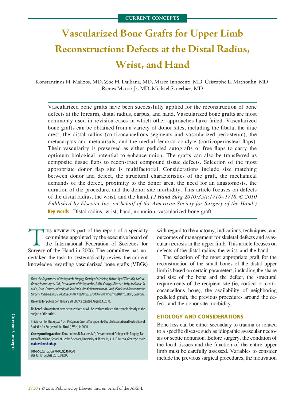 Vascularized Bone Grafts for Upper Limb Reconstruction: Defects at the Distal Radius, Wrist, and Hand 