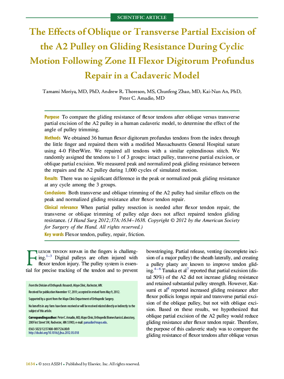 The Effects of Oblique or Transverse Partial Excision of the A2 Pulley on Gliding Resistance During Cyclic Motion Following Zone II Flexor Digitorum Profundus Repair in a Cadaveric Model 