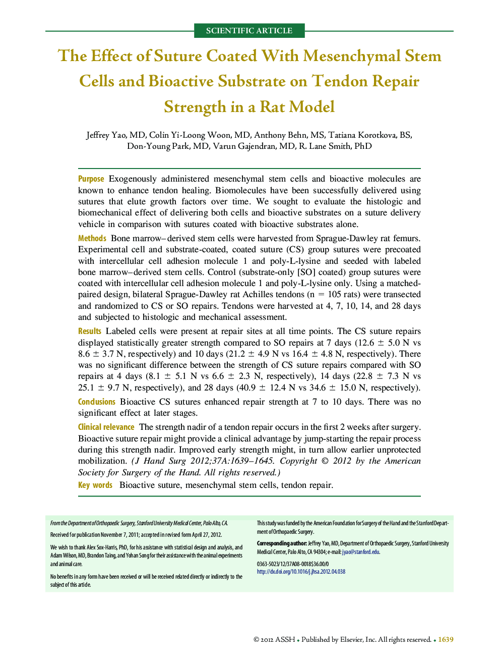 The Effect of Suture Coated With Mesenchymal Stem Cells and Bioactive Substrate on Tendon Repair Strength in a Rat Model 