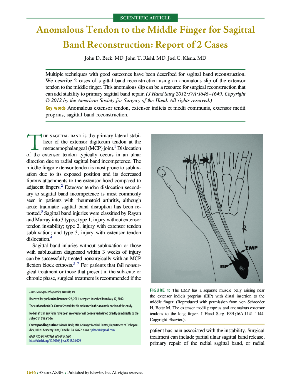 عکس صفحه اول مقاله: Anomalous Tendon to the Middle Finger for Sagittal Band Reconstruction: Report of 2 Cases Anomalous Tendon to the Middle Finger for Sagittal Band Reconstruction: Report of 2 Cases