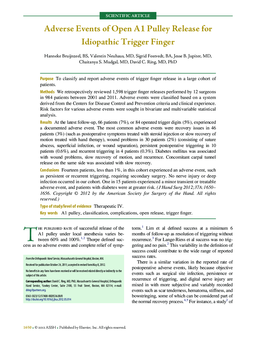 Adverse Events of Open A1 Pulley Release for Idiopathic Trigger Finger 