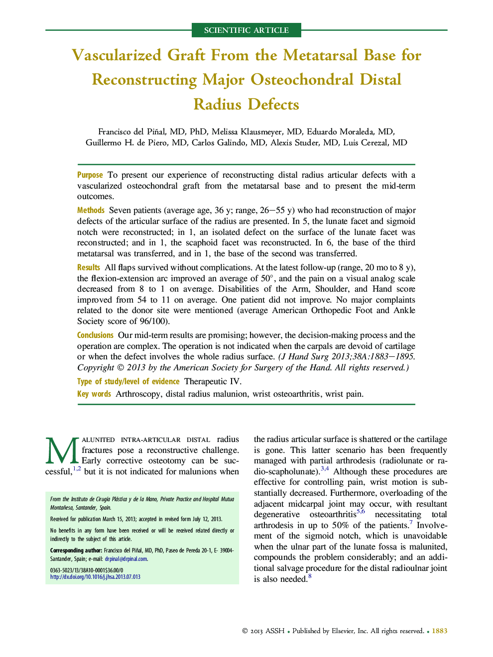 Vascularized Graft From the Metatarsal Base for Reconstructing Major Osteochondral Distal Radius Defects 