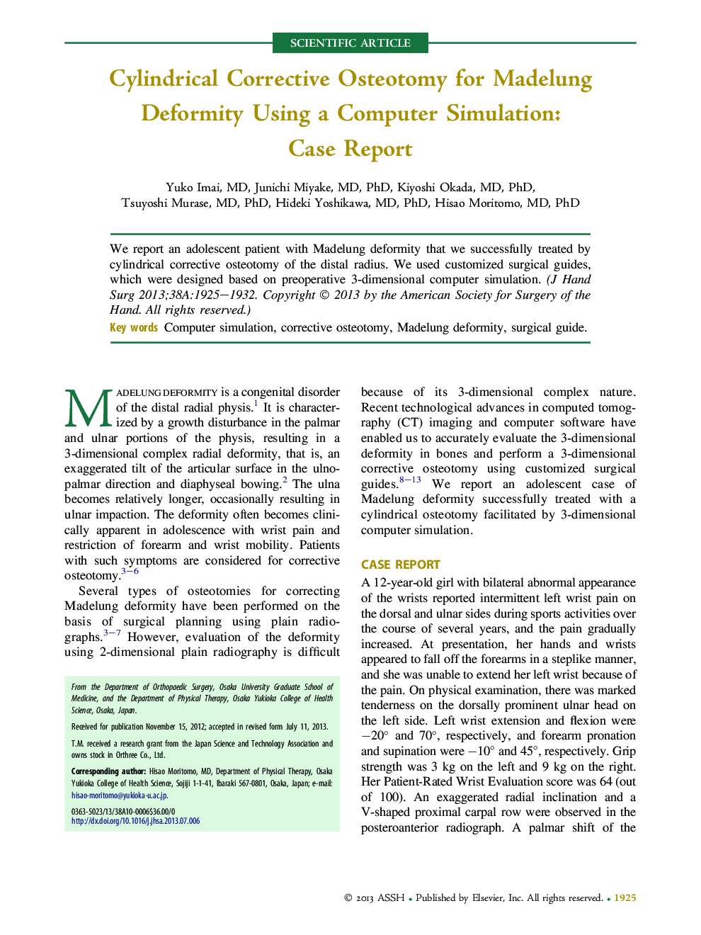 Cylindrical Corrective Osteotomy for Madelung Deformity Using a Computer Simulation: Case Report 