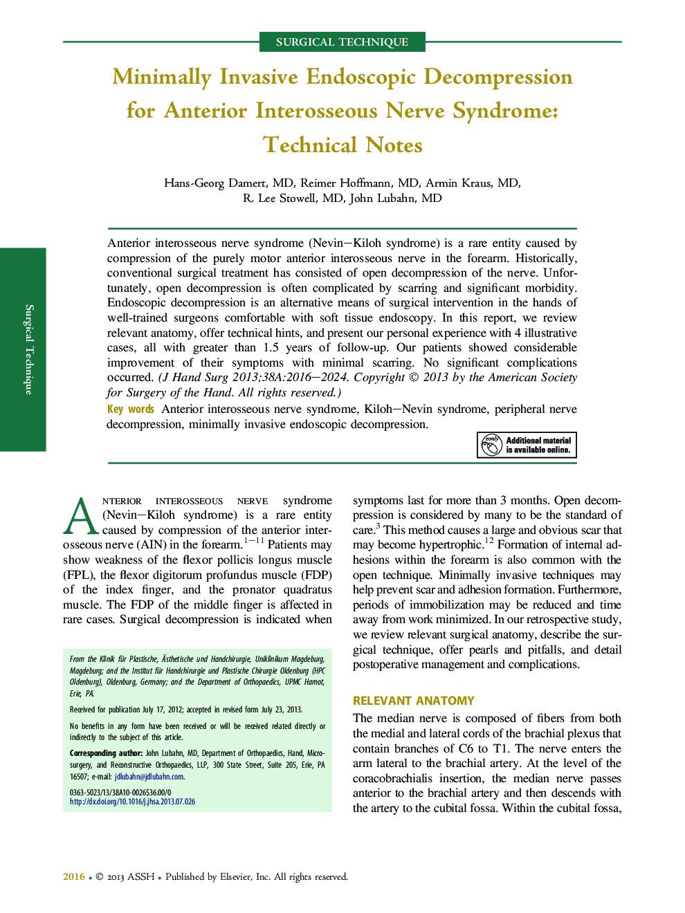 Minimally Invasive Endoscopic Decompression for Anterior Interosseous Nerve Syndrome: Technical Notes 