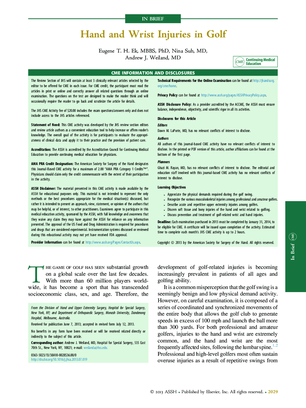 Hand and Wrist Injuries in Golf
