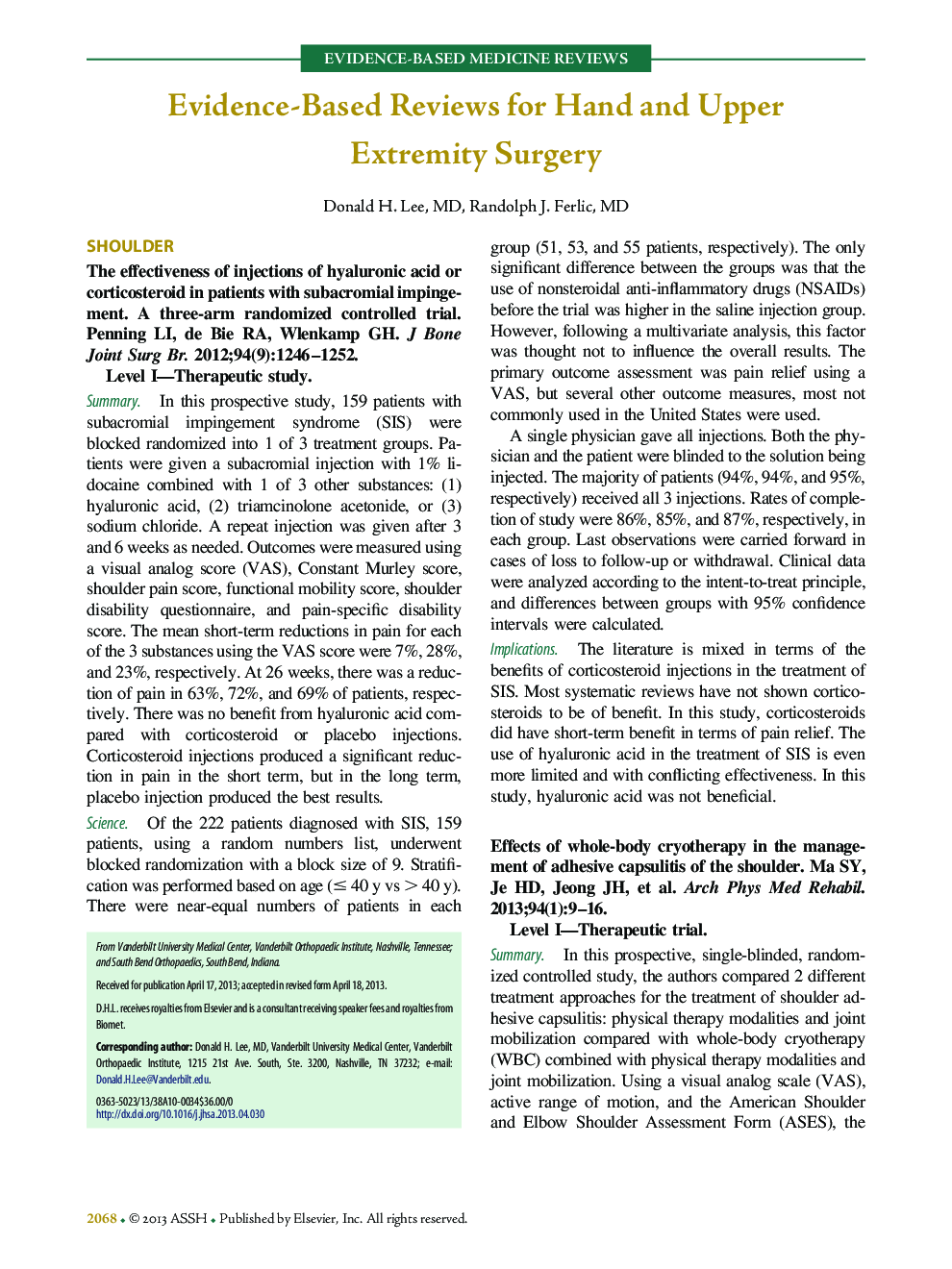 Evidence-Based Reviews for Hand and Upper Extremity Surgery