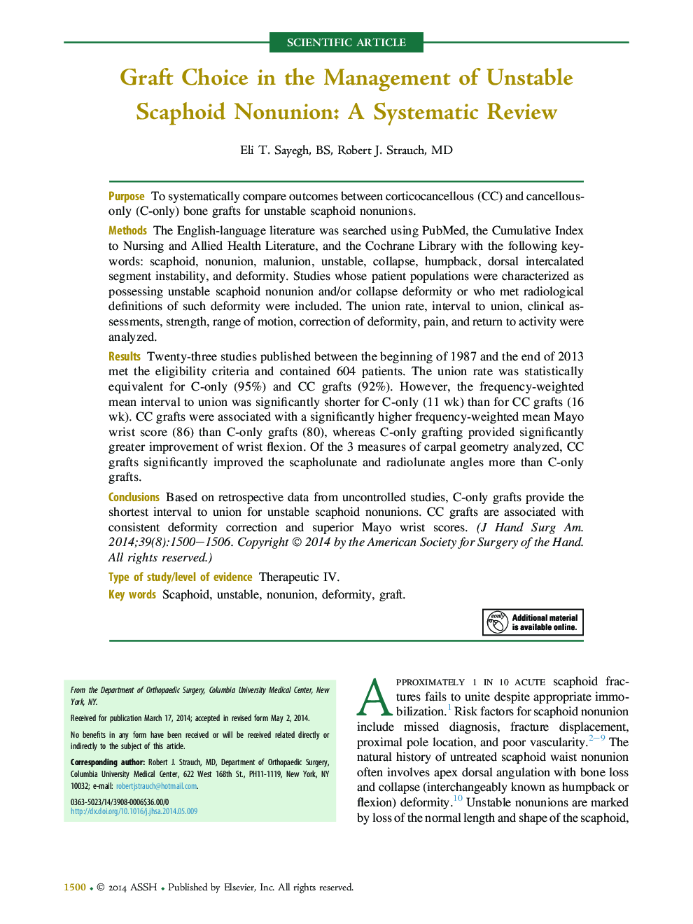 Graft Choice in the Management of Unstable Scaphoid Nonunion: A Systematic Review