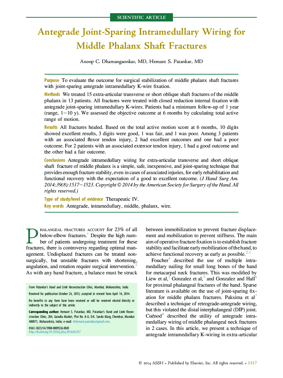 Antegrade Joint-Sparing Intramedullary Wiring for Middle Phalanx Shaft Fractures 