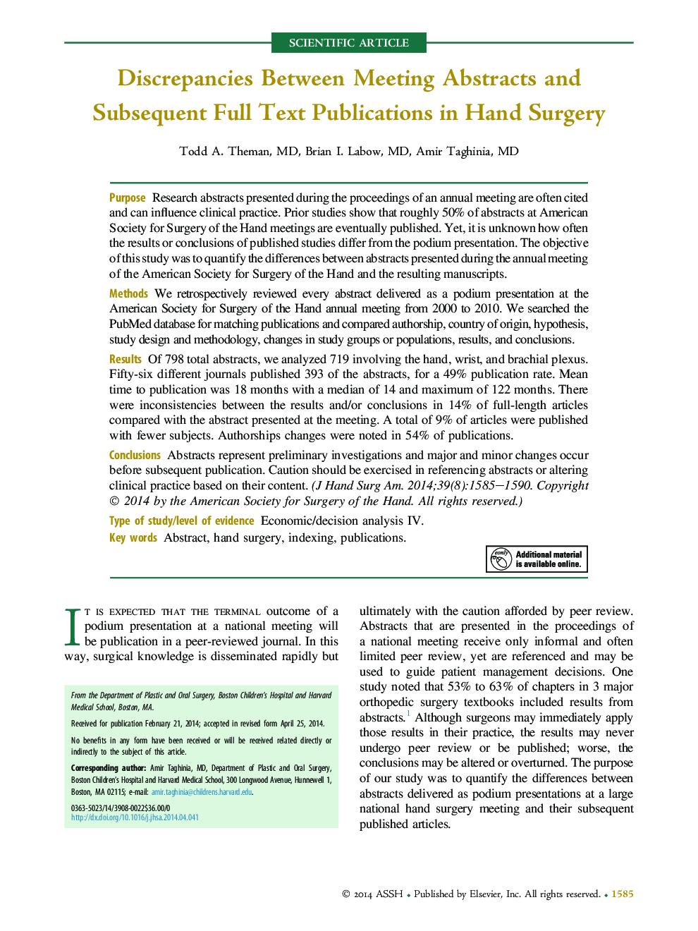 Discrepancies Between Meeting Abstracts and Subsequent Full Text Publications in Hand Surgery