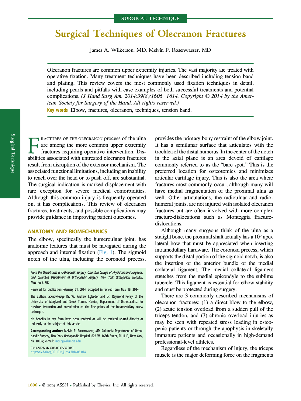 Surgical Techniques of Olecranon Fractures