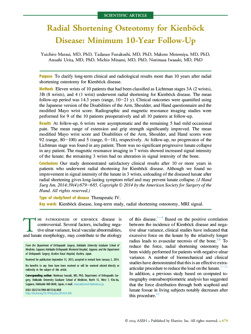 Radial Shortening Osteotomy for Kienböck Disease: Minimum 10-Year Follow-Up 