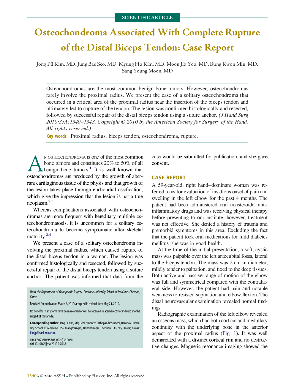 Osteochondroma Associated With Complete Rupture of the Distal Biceps Tendon: Case Report 