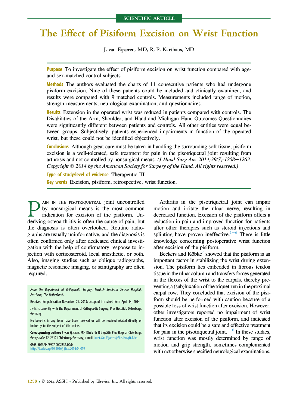 The Effect of Pisiform Excision on Wrist Function 