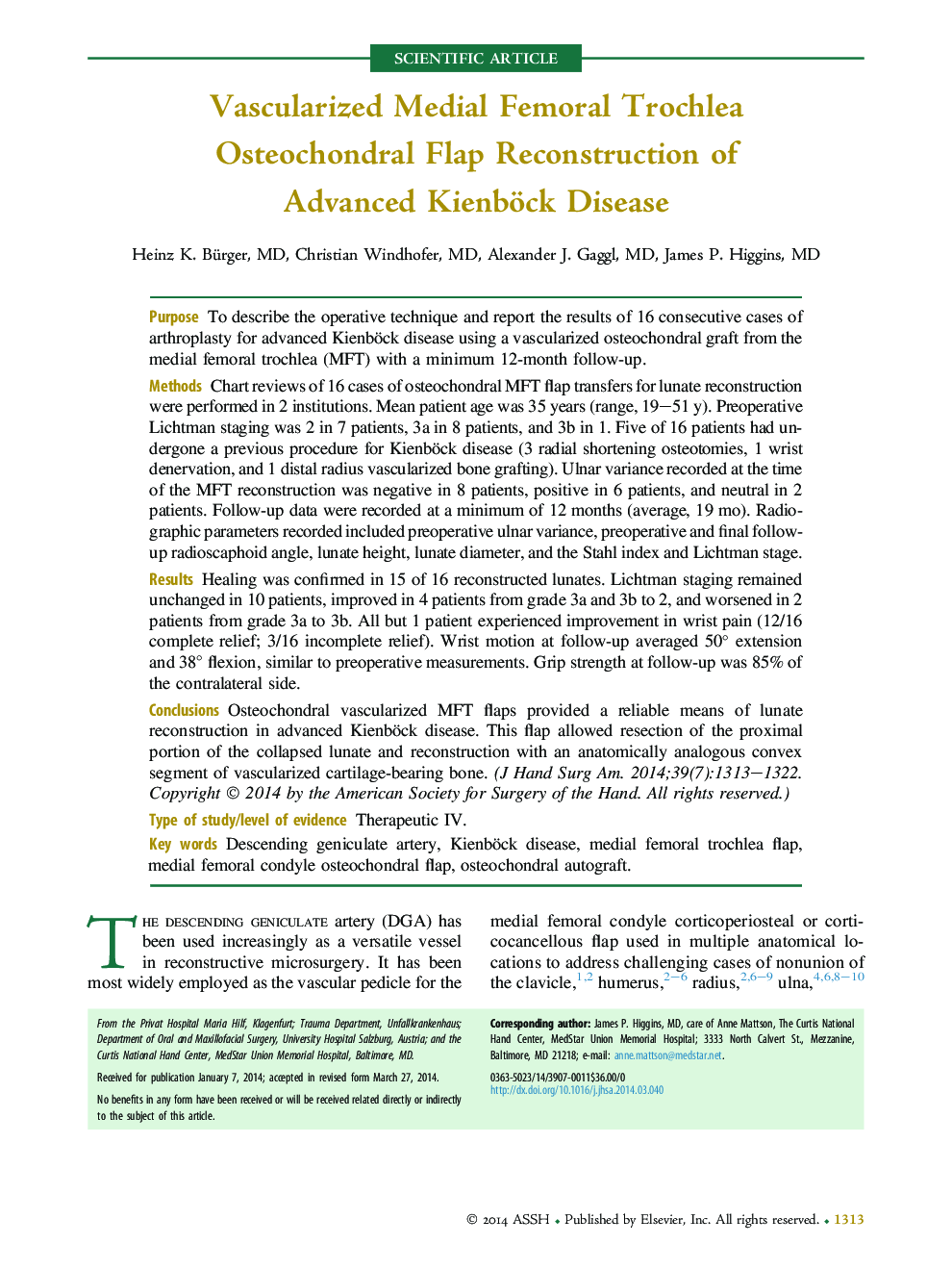 Vascularized Medial Femoral Trochlea Osteochondral Flap Reconstruction of Advanced Kienböck Disease 