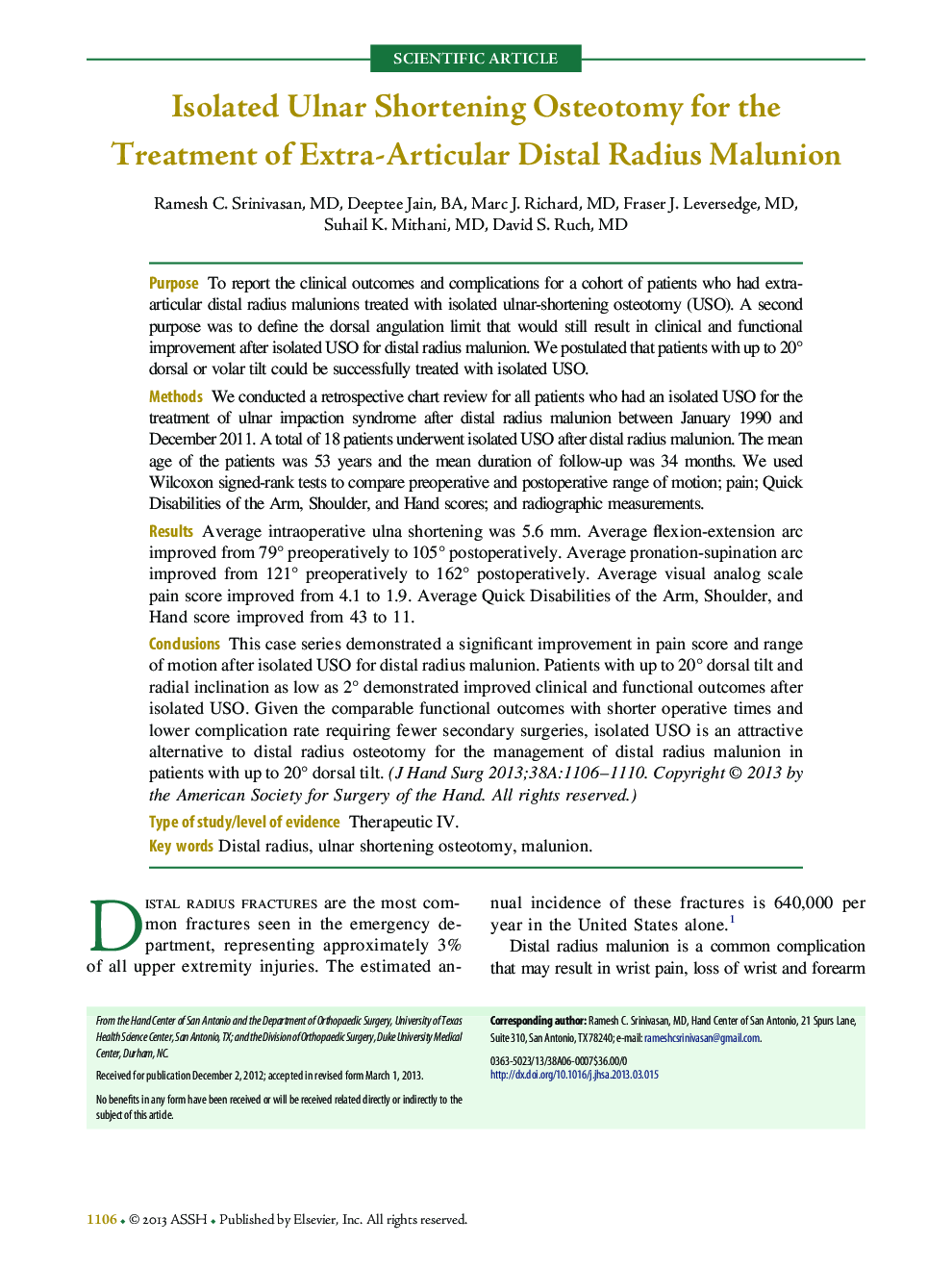 Isolated Ulnar Shortening Osteotomy for the Treatment of Extra-Articular Distal Radius Malunion 