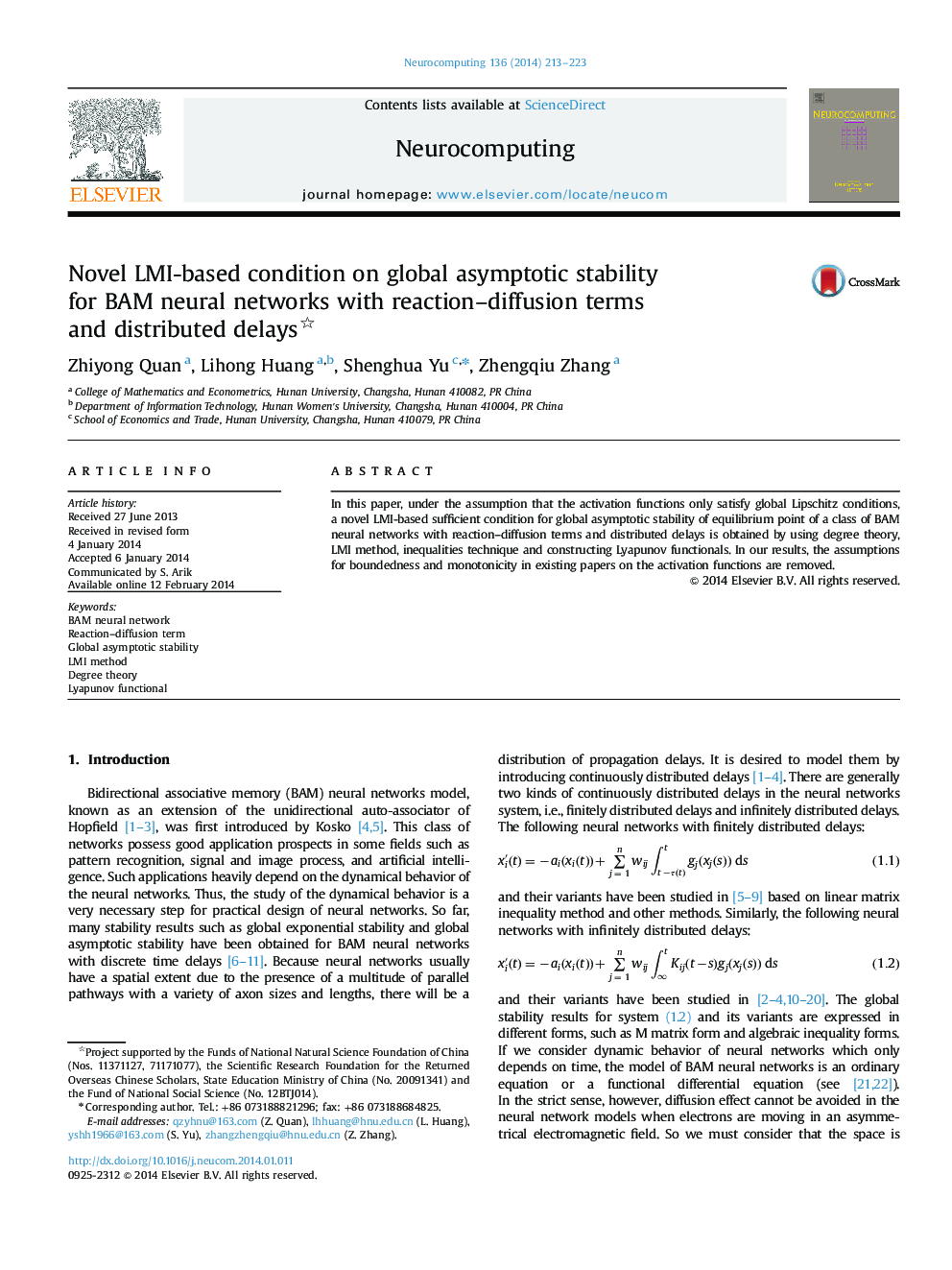 Novel LMI-based condition on global asymptotic stability for BAM neural networks with reaction–diffusion terms and distributed delays 