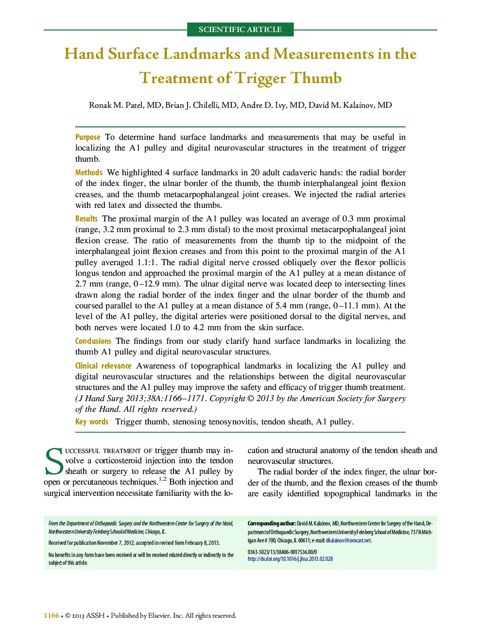 Hand Surface Landmarks and Measurements in the Treatment of Trigger Thumb 