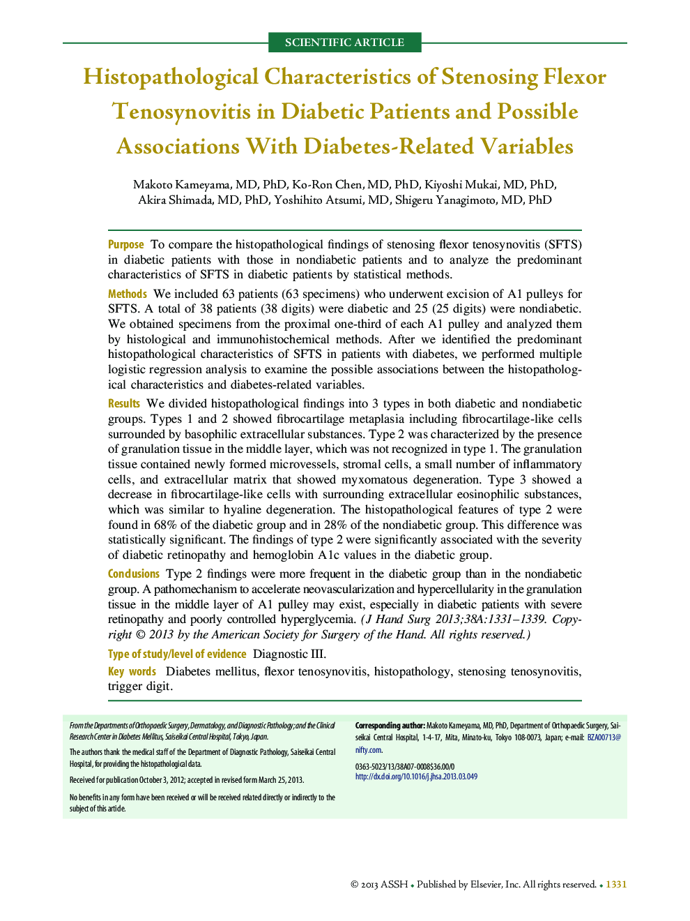 Histopathological Characteristics of Stenosing Flexor Tenosynovitis in Diabetic Patients and Possible Associations With Diabetes-Related Variables 