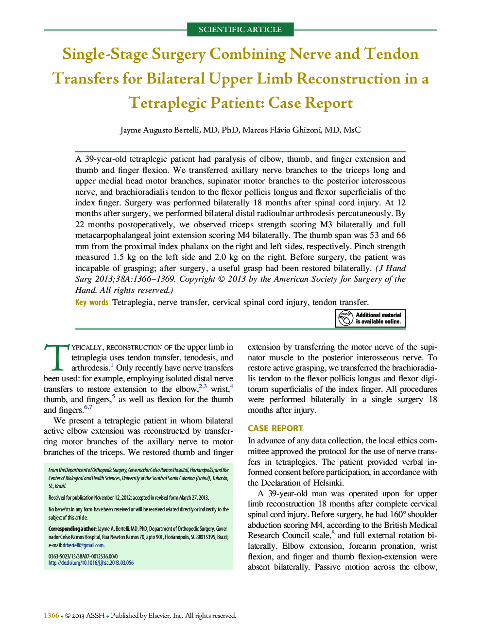 Single-Stage Surgery Combining Nerve and Tendon Transfers for Bilateral Upper Limb Reconstruction in a Tetraplegic Patient: Case Report 