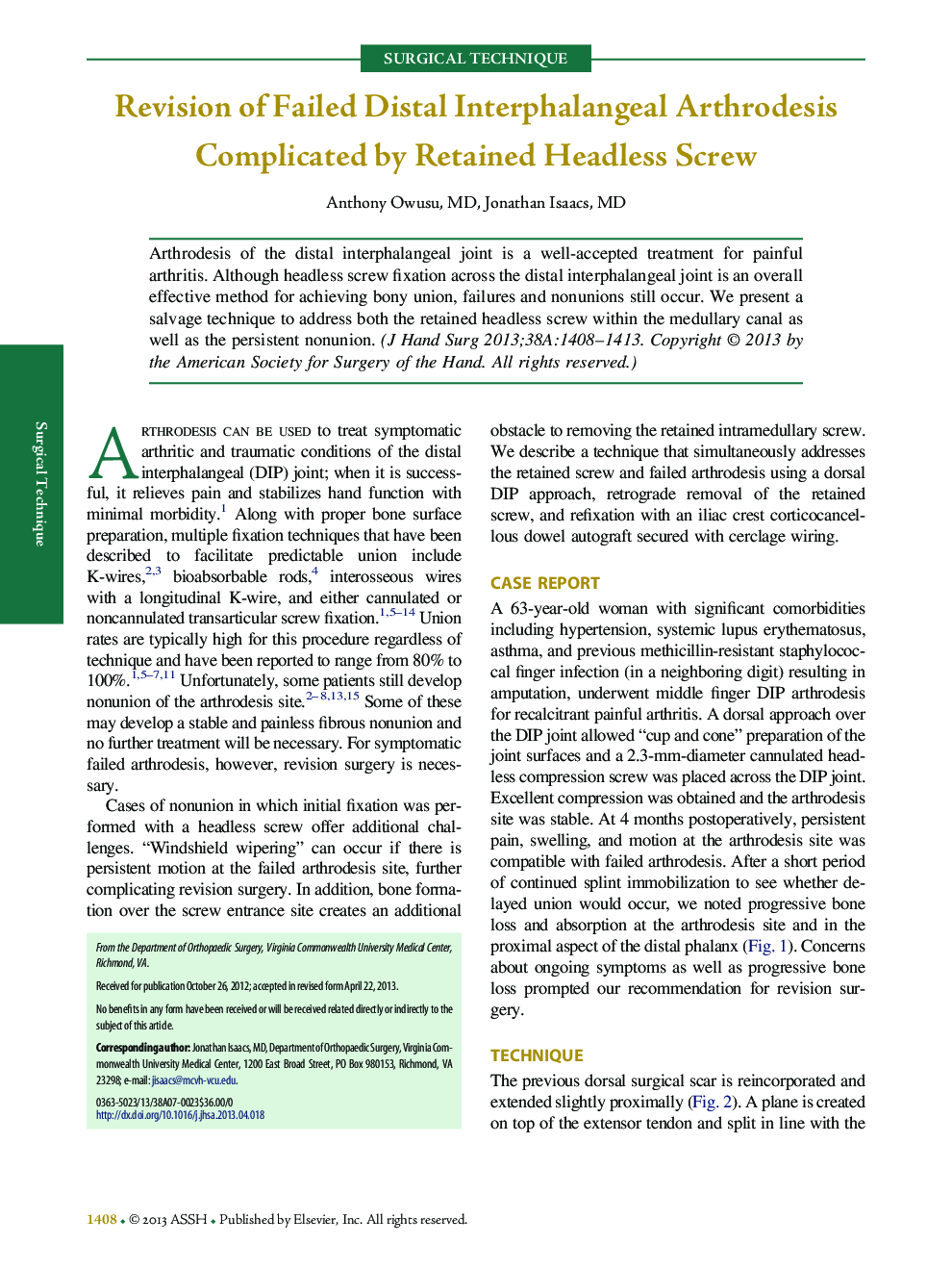 Revision of Failed Distal Interphalangeal Arthrodesis Complicated by Retained Headless Screw 