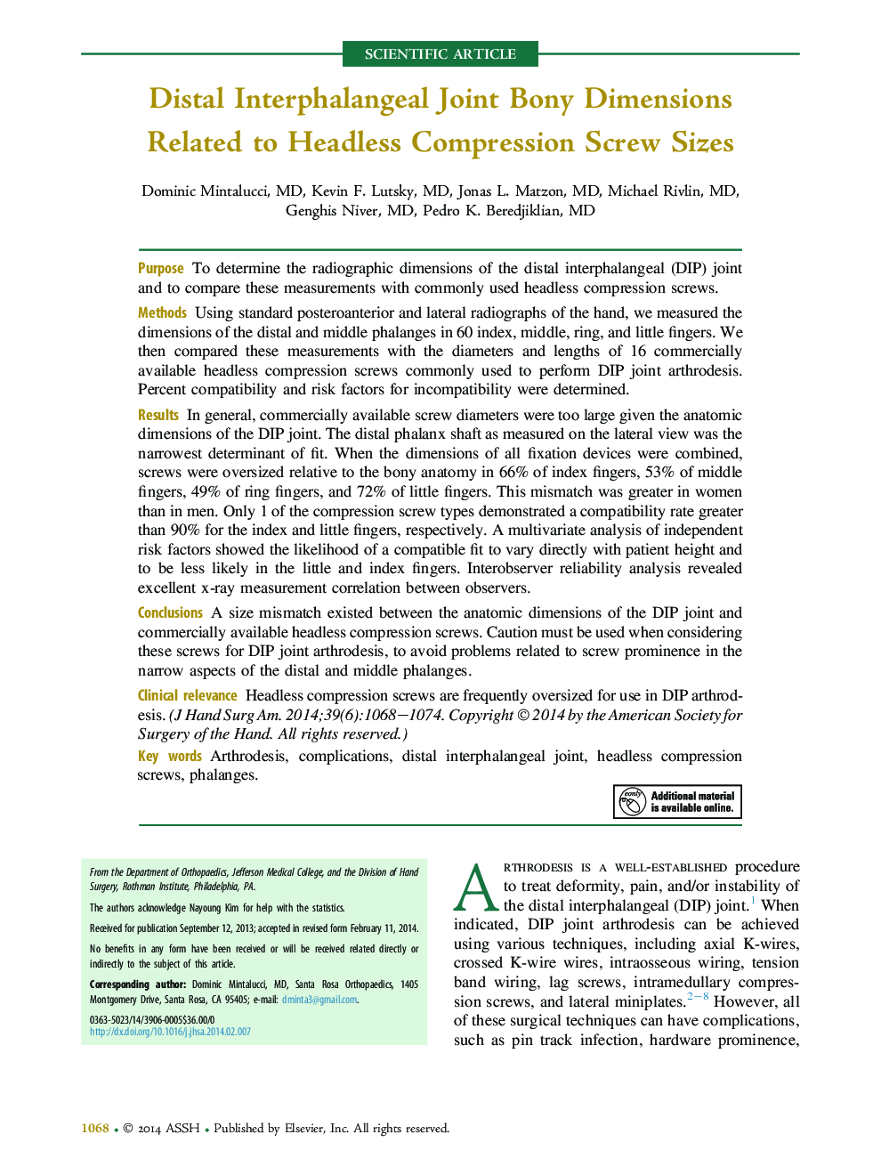 Distal Interphalangeal Joint Bony Dimensions Related to Headless Compression Screw Sizes