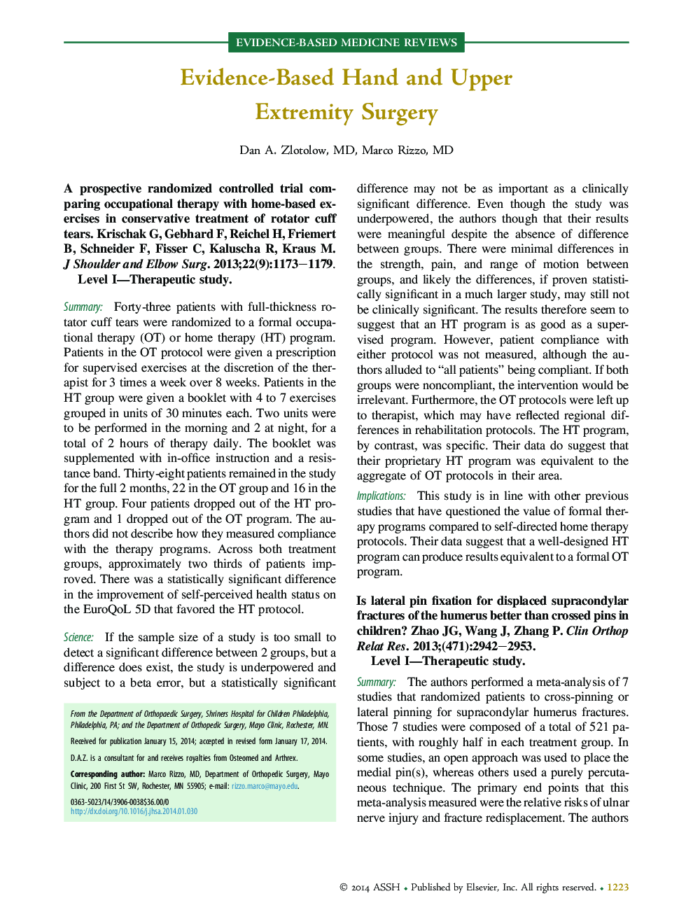 Evidence-Based Hand and Upper Extremity Surgery