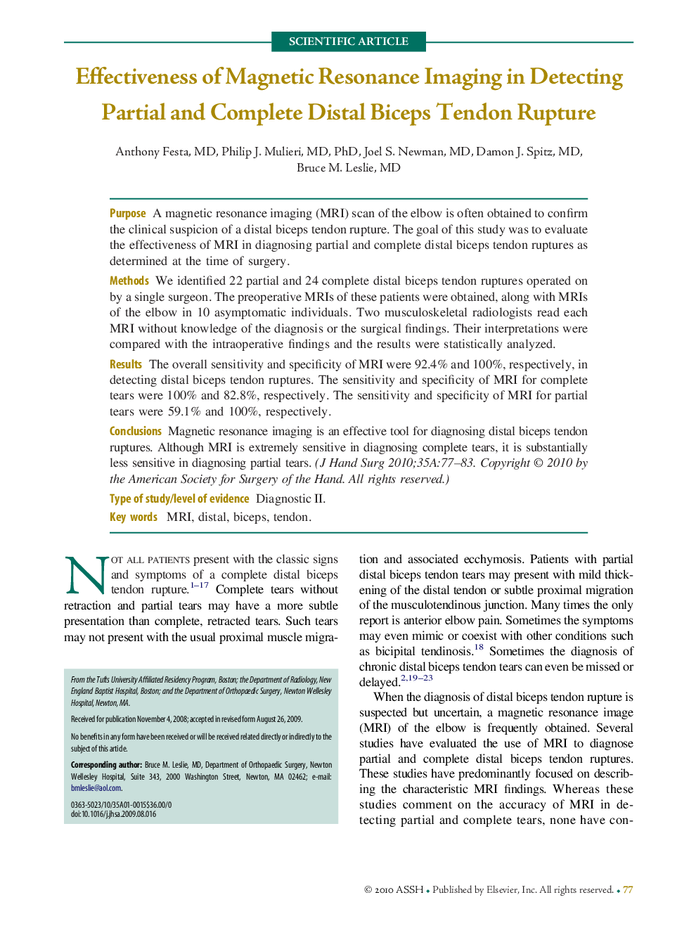 Effectiveness of Magnetic Resonance Imaging in Detecting Partial and Complete Distal Biceps Tendon Rupture 