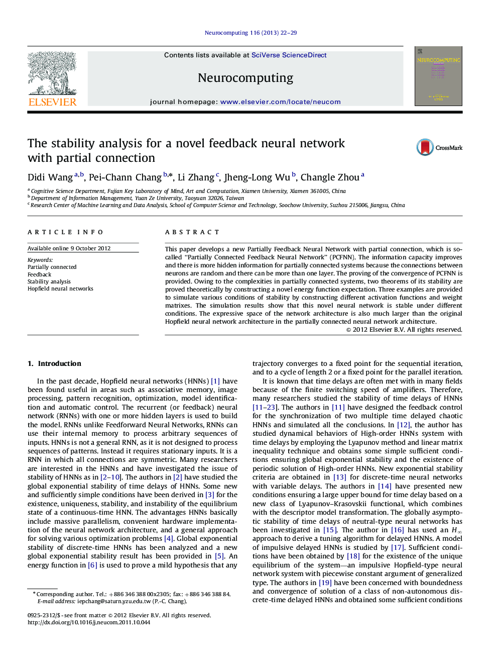 The stability analysis for a novel feedback neural network with partial connection