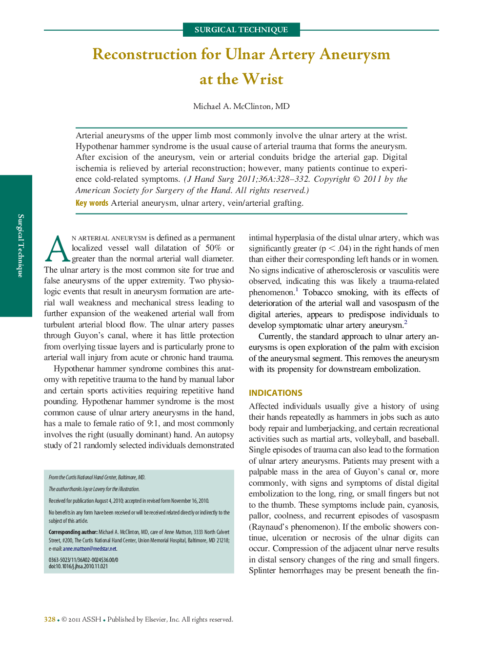 Reconstruction for Ulnar Artery Aneurysm at the Wrist 