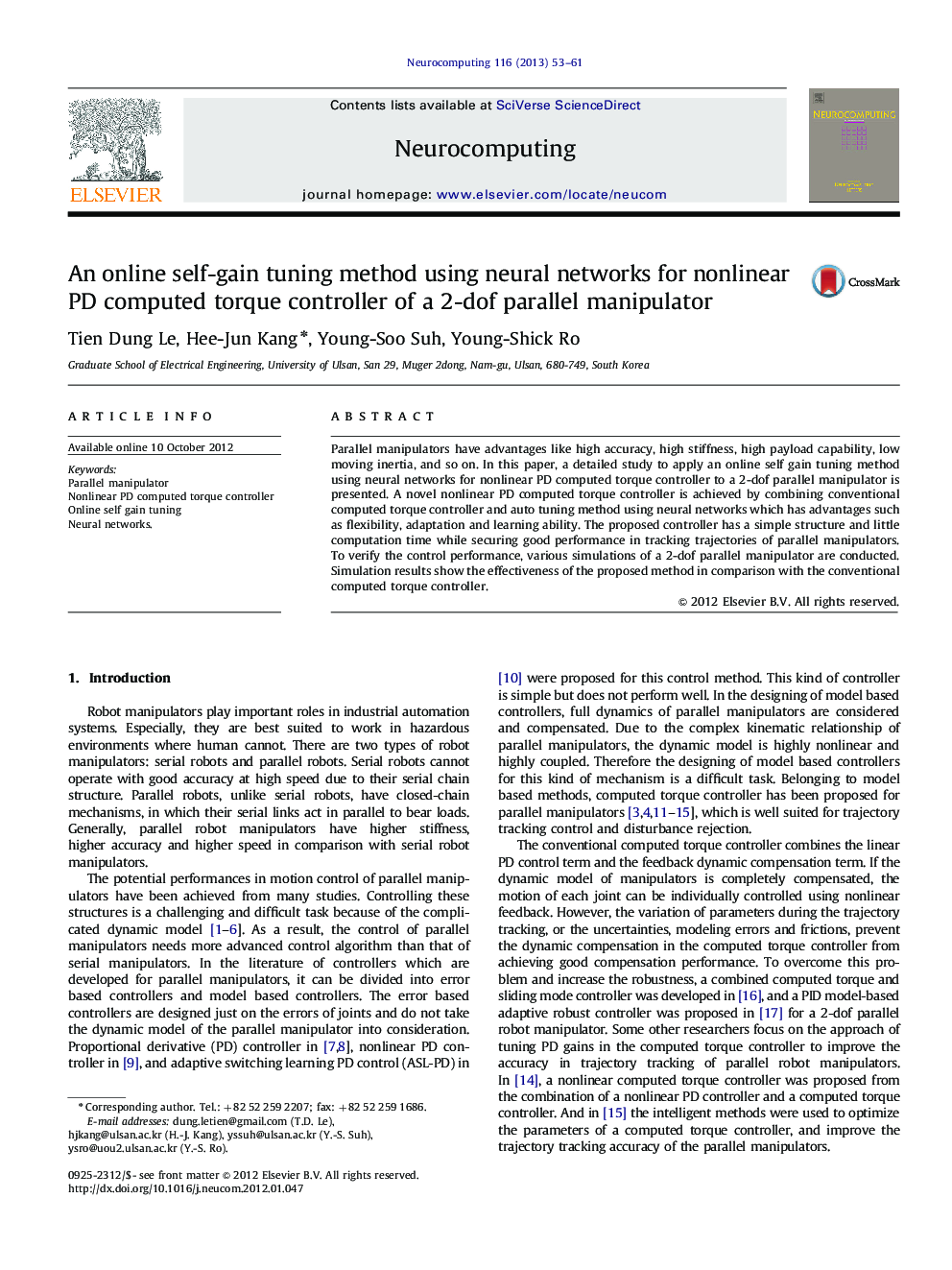 An online self-gain tuning method using neural networks for nonlinear PD computed torque controller of a 2-dof parallel manipulator