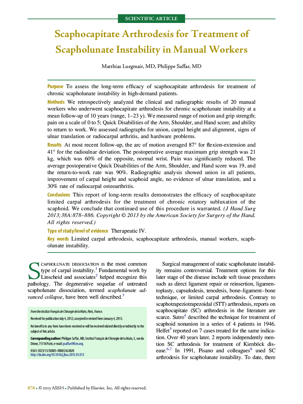 Scaphocapitate Arthrodesis for Treatment of Scapholunate Instability in Manual Workers 