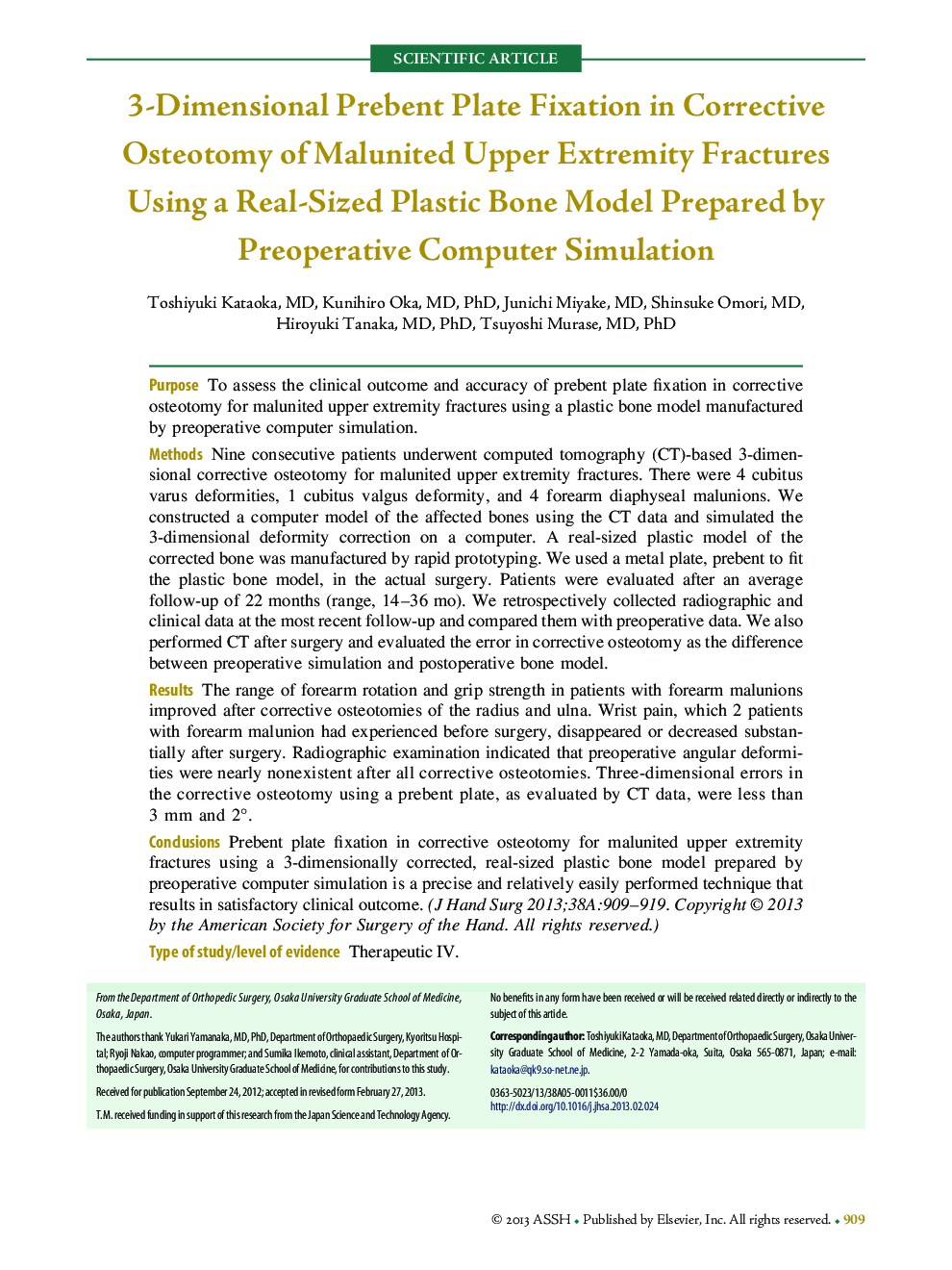 3-Dimensional Prebent Plate Fixation in Corrective Osteotomy of Malunited Upper Extremity Fractures Using a Real-Sized Plastic Bone Model Prepared by Preoperative Computer Simulation 