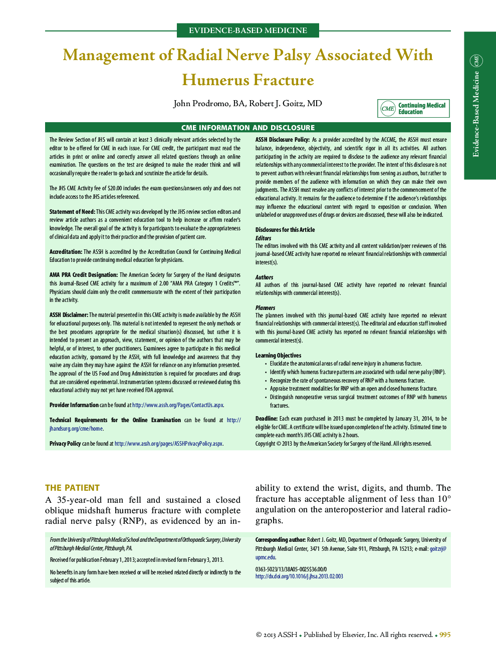 Management of Radial Nerve Palsy Associated With Humerus Fracture