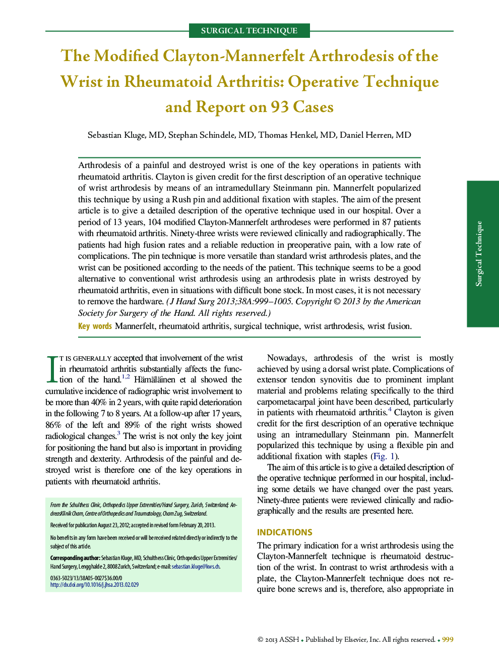 عکس صفحه اول مقاله: The Modified Clayton-Mannerfelt Arthrodesis of the Wrist in Rheumatoid Arthritis: Operative Technique and Report on 93 Cases The Modified Clayton-Mannerfelt Arthrodesis of the Wrist in Rheumatoid Arthritis: Operative Technique and Report on 93 Cases
