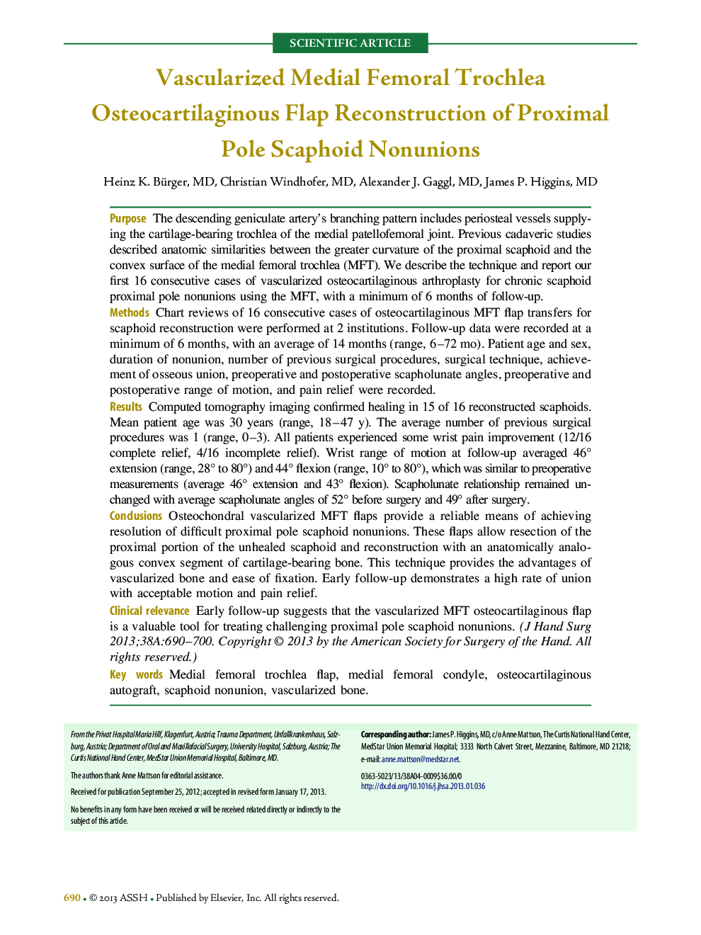 Vascularized Medial Femoral Trochlea Osteocartilaginous Flap Reconstruction of Proximal Pole Scaphoid Nonunions 