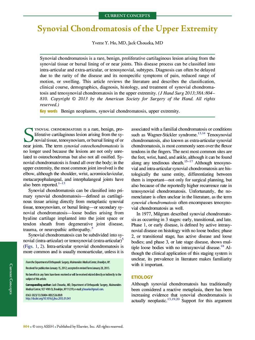 Synovial Chondromatosis of the Upper Extremity 