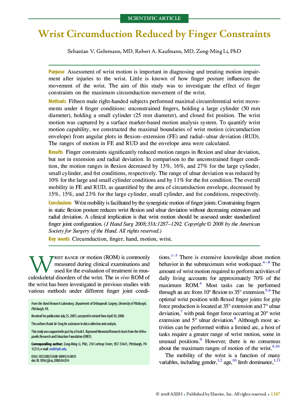 Wrist Circumduction Reduced by Finger Constraints 