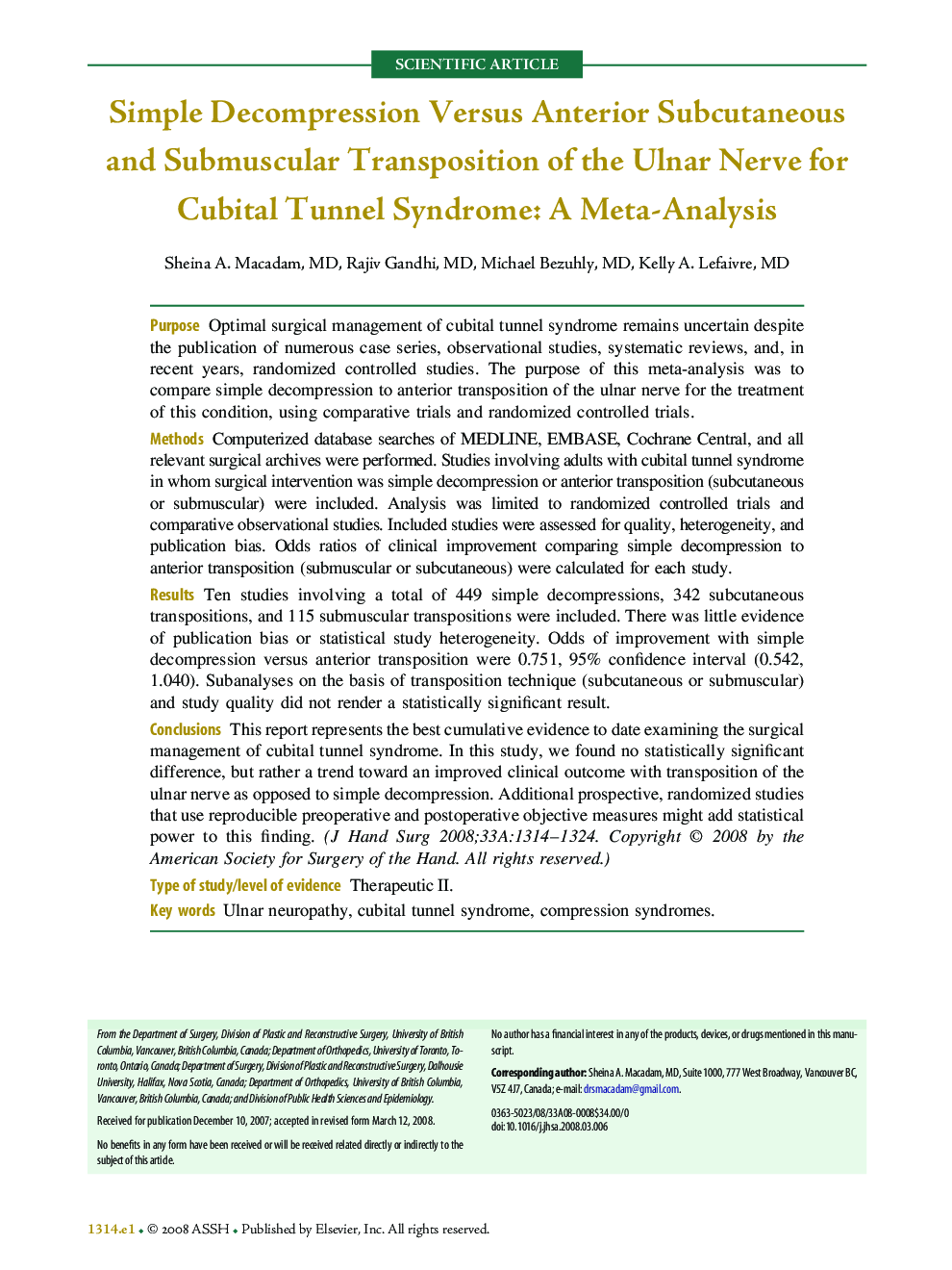 Simple Decompression Versus Anterior Subcutaneous and Submuscular Transposition of the Ulnar Nerve for Cubital Tunnel Syndrome: A Meta-Analysis