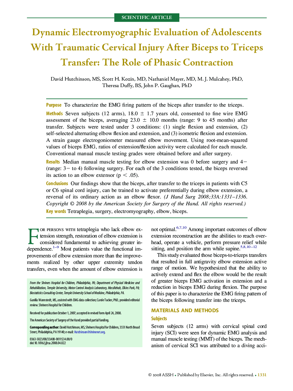 Dynamic Electromyographic Evaluation of Adolescents With Traumatic Cervical Injury After Biceps to Triceps Transfer: The Role of Phasic Contraction