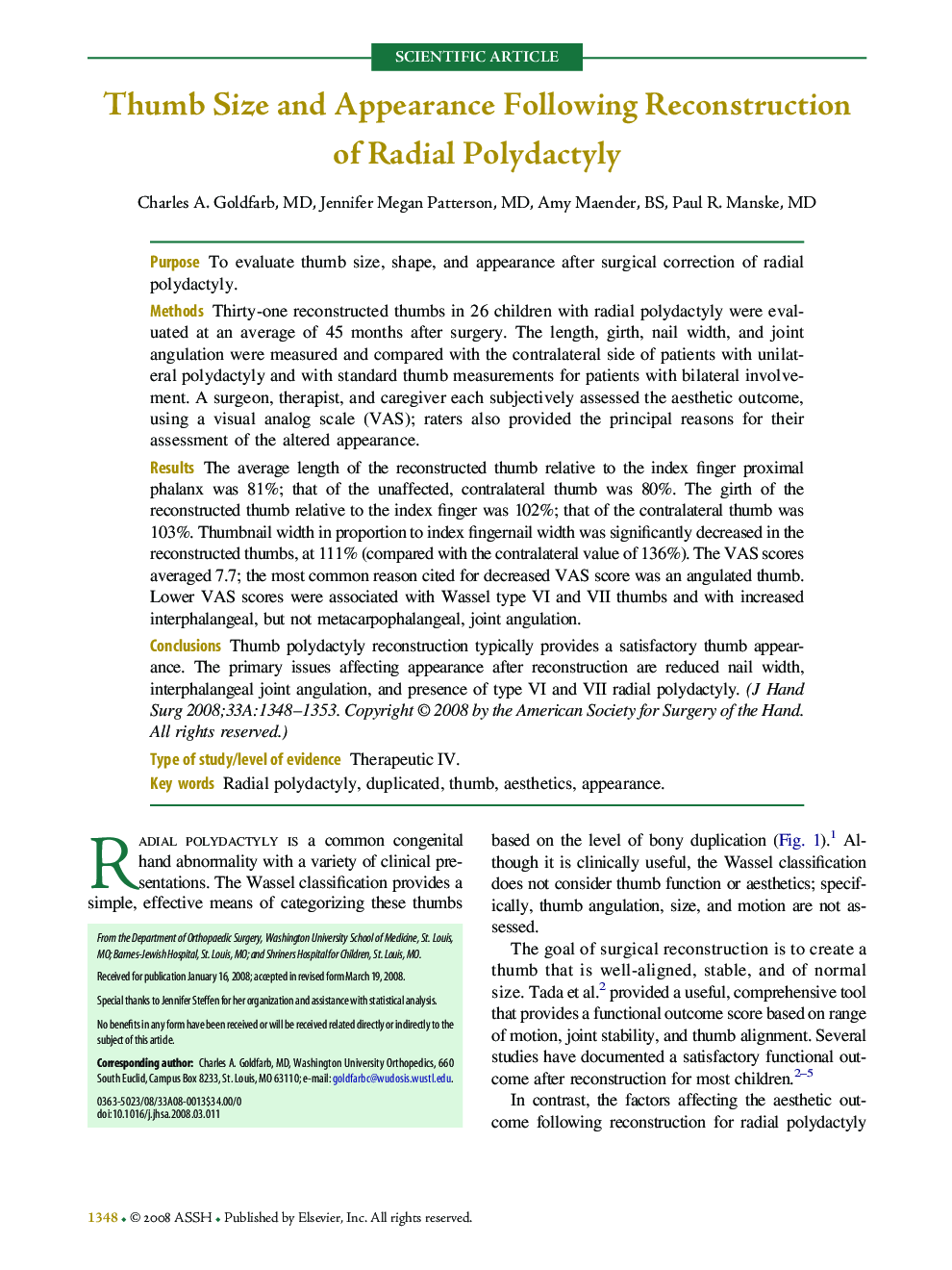 Thumb Size and Appearance Following Reconstruction of Radial Polydactyly 