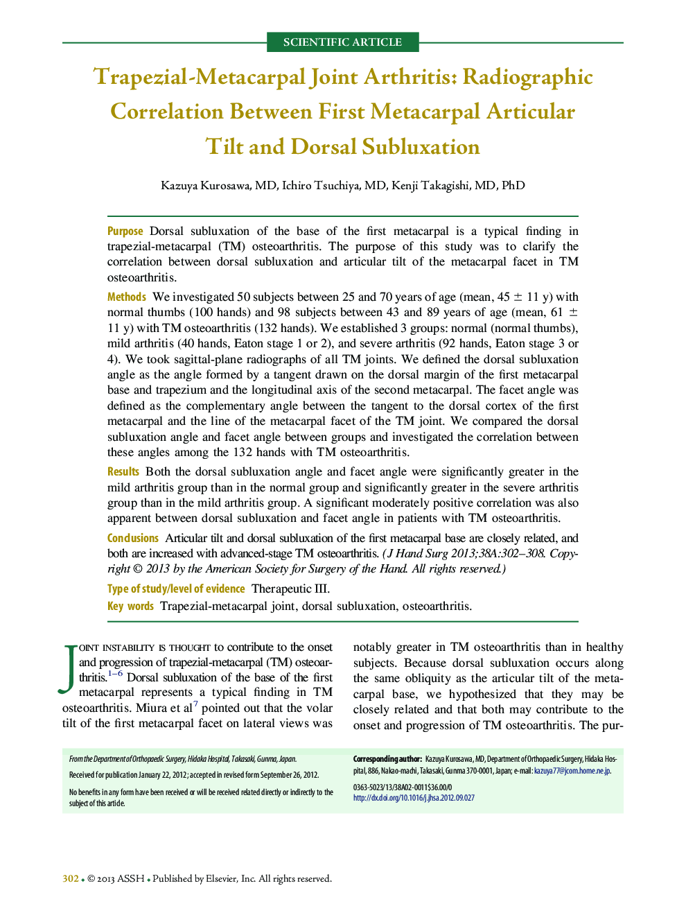 Trapezial-Metacarpal Joint Arthritis: Radiographic Correlation Between First Metacarpal Articular Tilt and Dorsal Subluxation 