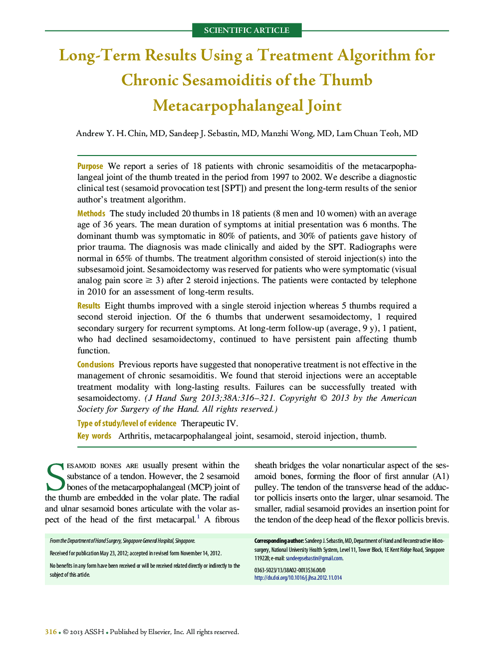 Long-Term Results Using a Treatment Algorithm for Chronic Sesamoiditis of the Thumb Metacarpophalangeal Joint