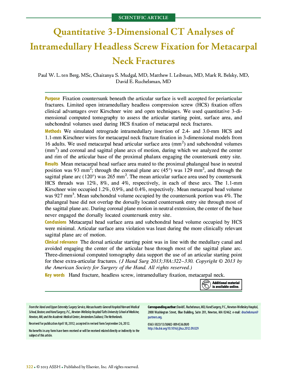 Quantitative 3-Dimensional CT Analyses of Intramedullary Headless Screw Fixation for Metacarpal Neck Fractures