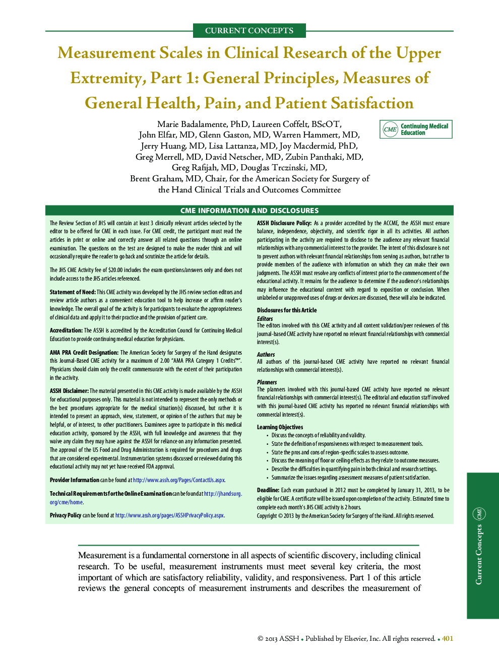 Measurement Scales in Clinical Research of the Upper Extremity, Part 1: General Principles, Measures of General Health, Pain, and Patient Satisfaction 