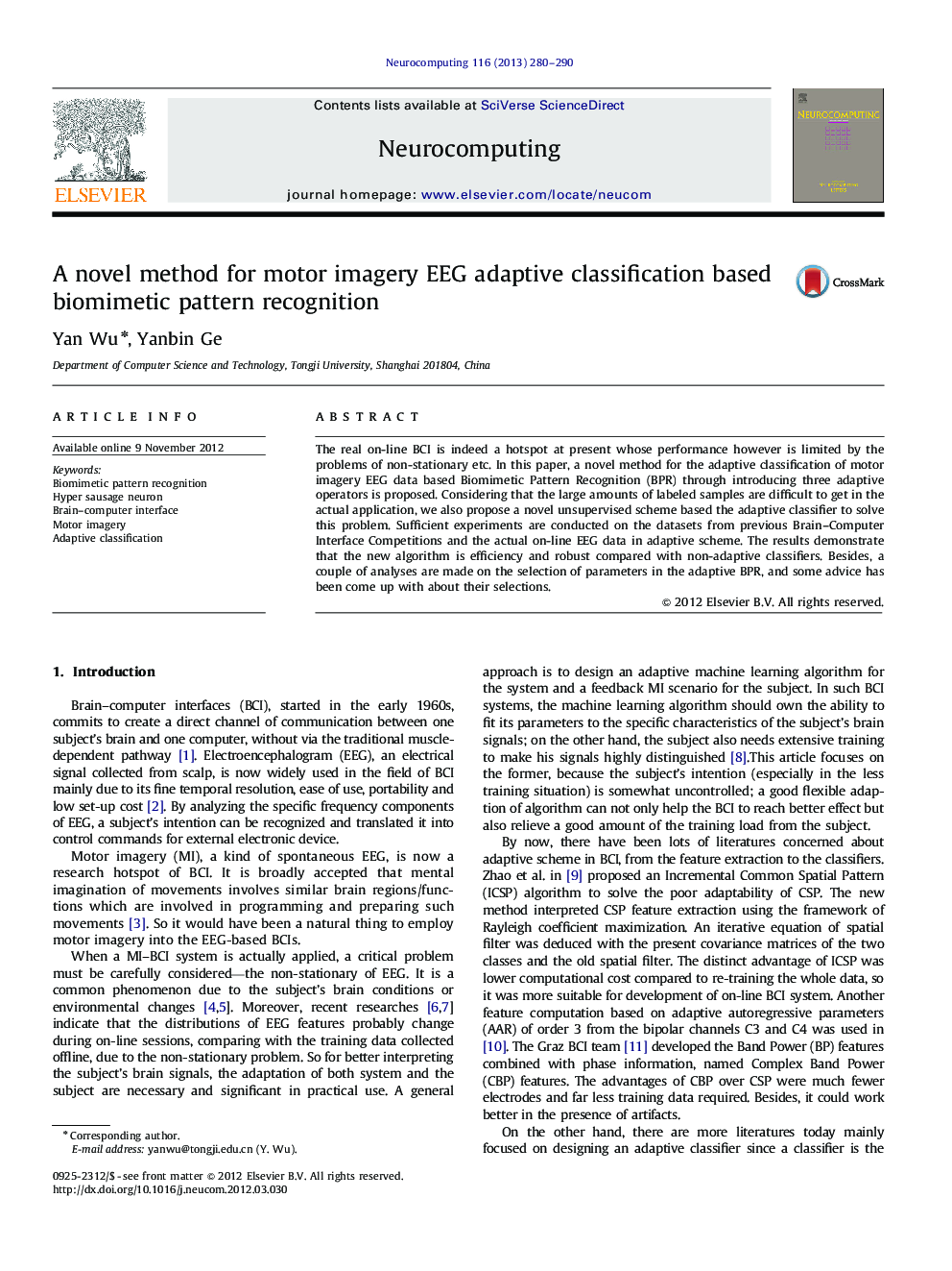 A novel method for motor imagery EEG adaptive classification based biomimetic pattern recognition