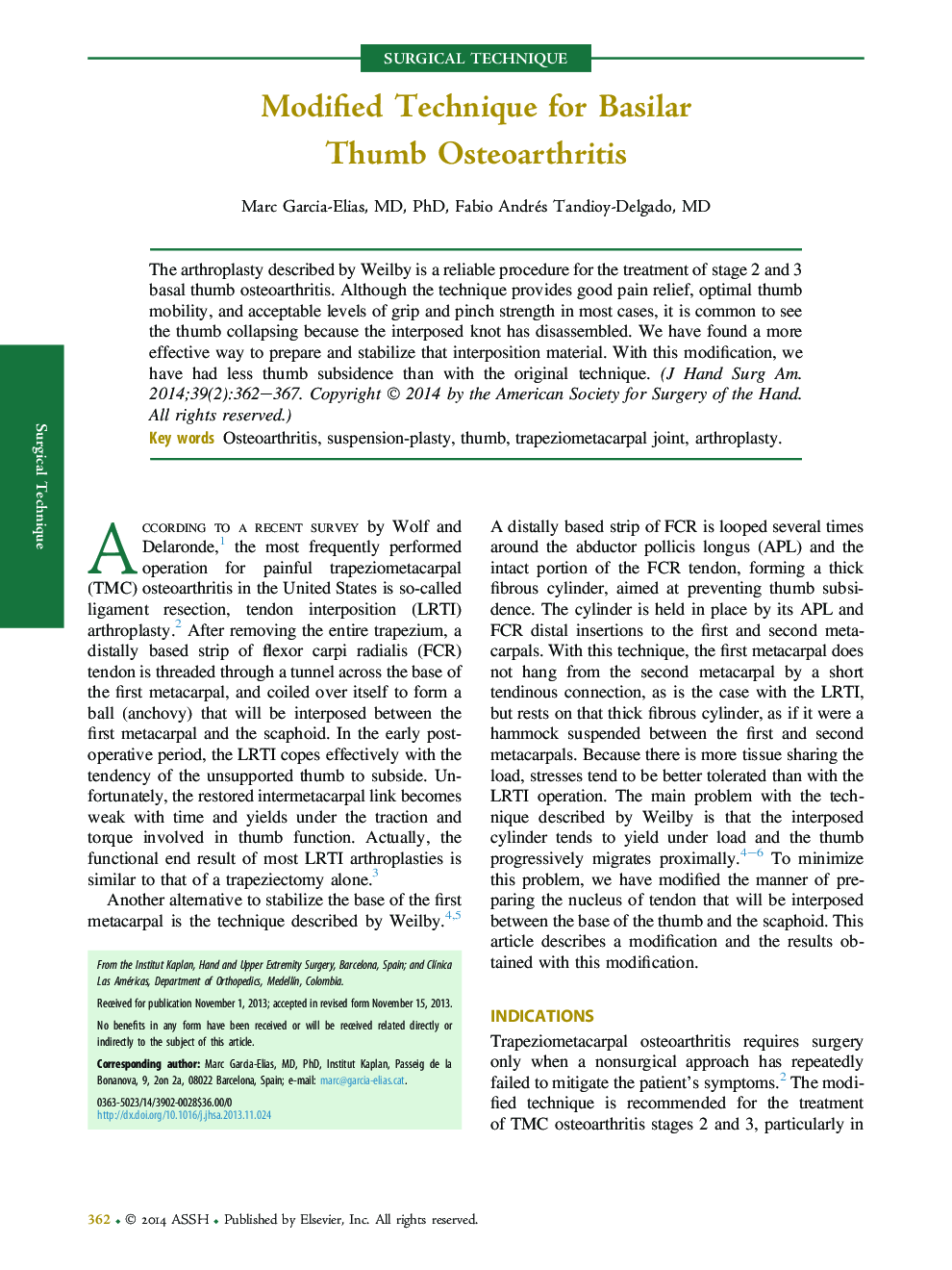 Modified Technique for Basilar Thumb Osteoarthritis 