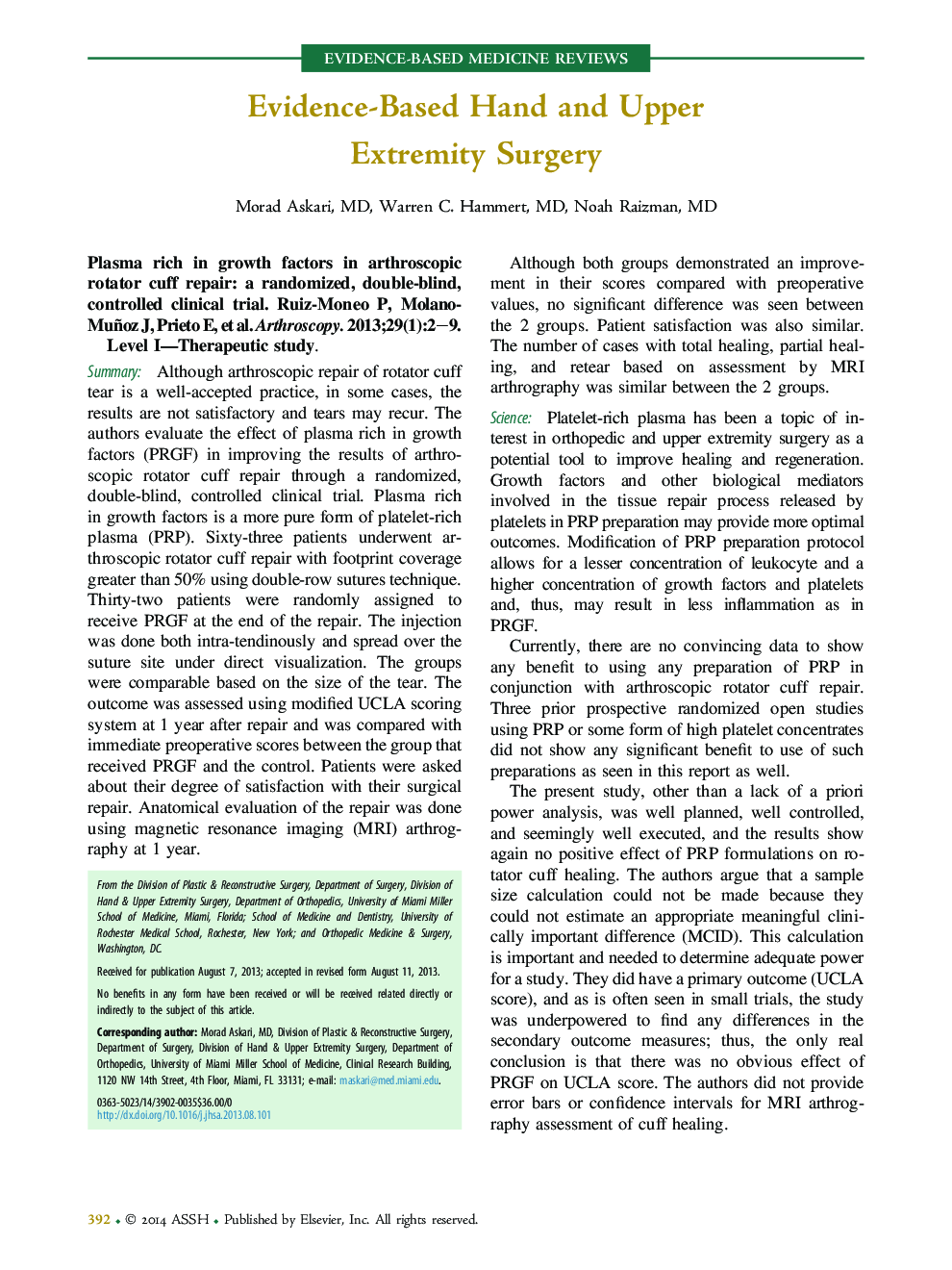 Evidence-Based Hand and Upper Extremity Surgery